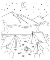 unique et mignonne camping livre page pour les enfants. coloration page pour des gamins et adultes. camping coloration vecteur