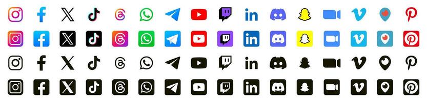 populaire social médias logo. populaire social médias marque logo ensemble. Facebook, Twitter, Instagram, Youtube, snapchat, quoi de neuf, LinkedIn. vecteur