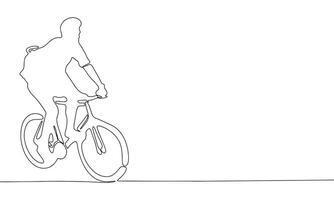 silhouette de homme sur vélo. un ligne continu sport, livraison bannière concept. ligne art, contour, minimal vecteur illustration.