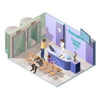isométrique 3d illustration de médical dentaire clinique , accueil intérieur avec réceptionniste et visiteurs dans le couloir. dentisterie centre avec verre ascenseur. les patients attendre à visite le dentiste. vecteur