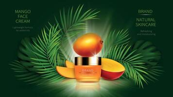 tropical mangue produits de beauté réaliste Contexte. bouteille avec cosmétique peau se soucier produit, entier et tranché Jaune mangue fruit et vert paume feuilles avec lumière du soleil. moquer en haut promo bannière vecteur