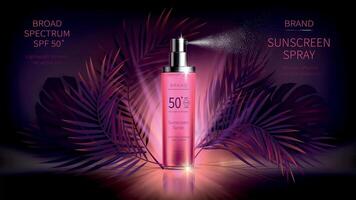 Soleil protection cosmétique réaliste les publicités affiche. rose vaporisateur bouteille avec crème solaire produit, brillant tropical paume et monstera feuilles sur violet le coucher du soleil Contexte. spf produits de beauté, magazine moquer vecteur