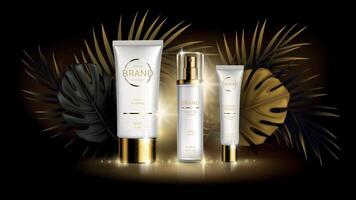 Soleil protection produits de beauté réaliste les publicités affiche. blanc Plastique tube avec cosmétique produit, noir d'or tropical palmier, monstera feuilles sur foncé Contexte. été peau se soucier, moquer en haut pour magazine vecteur