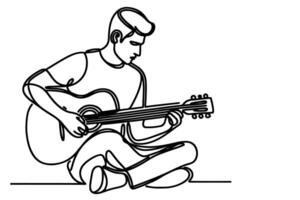 un continu ligne dessin de homme en jouant le guitare contour griffonnage sur blanc Contexte vecteur