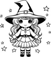 mignonne peu fille dans sorcière costume noir et blanc illustration graphique conception vecteur