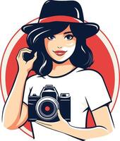femme dans chapeau avec caméra de une fille avec une caméra. vecteur