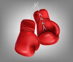 réaliste rouge paire de cuir boxe gants pendaison sur lacets. protecteur sport équipement dans poing lutte, combat, coups de poing ou combat. tenue de sport pour une donner un coup entraînement, formation frappé avec une perforation sac. vecteur