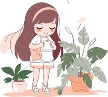 fille arrosage plantes d'intérieur dans plat dessin animé style. vecteur