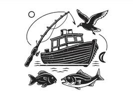 une noir silhouette de une poisson. bateau, canne à pêche, agrafe art vecteur