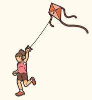 une fille fonctionnement mouche une cerf-volant enfant en jouant dessin animé sport vecteur