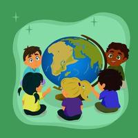 des enfants assis en cercle regardent le globe avec beaucoup d'intérêt. vecteur