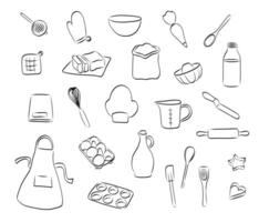 cuisson et cuisine Provisions main tiré icône ensemble. cuisson griffonnage illustration, lait, œufs, fouet, tablier, fondu beurre, cuillère, mesure tasse et plus. boulangerie main tiré mince ligne art Icônes ensemble vecteur