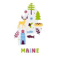 collection de cartes des états-unis. symboles d'état sur la silhouette de l'état gris - Maine vecteur