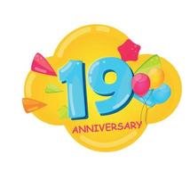 logo de modèle de dessin animé mignon 19 ans anniversaire illustration vectorielle vecteur