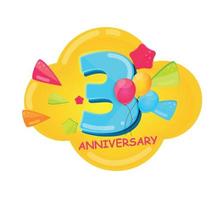 logo de modèle de dessin animé mignon 3 ans anniversaire illustration vectorielle vecteur