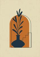 esthétique minimaliste affiche avec feuille dans vase intérieur conception. illustration avec pot et arches boho imprimable art vecteur