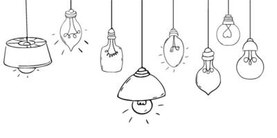 ensemble ampoule lampe griffonnage dessin animé bande dessinée électricité sans couture modèle avec blanc Contexte. esquisser, à main levée icône, dessin vecteur