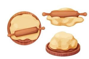 ensemble en bois roulant épingle avec pâte et farine manipuler culinaire équipement sur rond en bois planche dans dessin animé style isolé sur blanc Contexte. bois texturé rouleau, ustensile, boulanger recette. vecteur