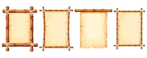 ensemble bambou cadres avec vieux parchemin papier décoré avec corde isolé sur blanc Contexte. Jeu ui conseil, signe vecteur