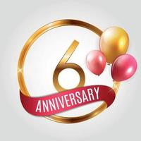 modèle logo or 6 ans anniversaire avec ruban et ballons vector illustration