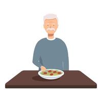 personnes âgées homme avec assiette de nourriture à table vecteur