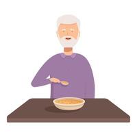personnes âgées gentilhomme avec une cuillère dans main, Heureusement en mangeant une bol de chaud soupe vecteur