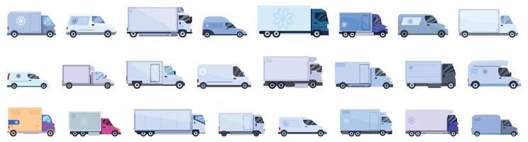 voiture réfrigérateur . une rangée de blanc camions avec une bleu un camion dans le milieu vecteur