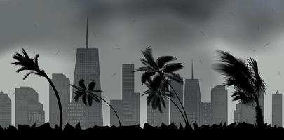 palmiers pendant la tempête et l'ouragan. les feuilles volent à travers le ciel de la ville de la tempête. illustration vectorielle vecteur