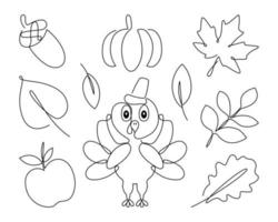 jeu de lignes de jour de Thanksgiving. illustrations vectorielles simples. dinde, gland, citrouille, pomme, feuilles d'automne. isolé sur fond blanc. vecteur