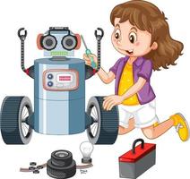 jeune fille réparant un robot vecteur