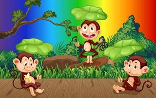 trois singes dans la forêt sur fond arc-en-ciel dégradé vecteur
