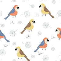 modèle sans couture le fond d'oiseau coloré a des pissenlits éparpillés. idées de conception utilisées pour l'impression, les cartes de voeux, les emballages cadeaux, les vêtements pour bébés, les textiles illustration vectorielle vecteur