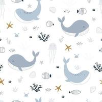 baleine bleue et modèle sans couture de la vie marine la conception utilisée pour le modèle de tissu, textile, impression, papier peint, illustration vectorielle de papier d'emballage sur fond blanc vecteur