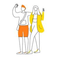 jeune couple prenant selfie avec illustration vectorielle de smartphone contour plat. homme avec téléphone, fille montre v signe isolé personnage de dessin animé sur fond blanc. dessin simple de mode de vie des adolescents vecteur