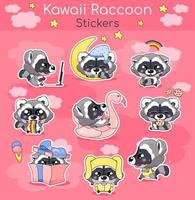 Jeu de caractères de vecteur de dessin animé mignon raton laveur kawaii. adorables et drôles autocollants isolés d'animaux souriants, patchs, pack d'illustrations de livres pour enfants. anime bébé petit raton laveur emojis sur fond rose