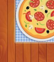 pizza en plaque blanche sur une serviette de cuisine à fond de planches de bois vector illustration