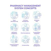 pharmacie la gestion système bleu pente concept Icônes. drogue fabrication, pharmacovigilance. icône paquet. rond forme des illustrations pour infographie, article. abstrait idée vecteur