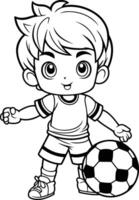 mignonne peu garçon en jouant football. noir et blanc illustration. vecteur