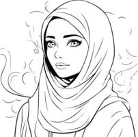 arabe femme dans hijab. noir et blanc illustration pour coloration livre. vecteur