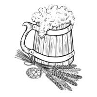 en bois Bière tasse, le houblon et malt. noir et blanc dessiné à la main illustration sur une blanc Contexte. une conception élément pour une pub ou restaurant menu, étiquette et affiche, logo et emballage. vecteur