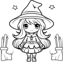 noir et blanc dessin animé illustration de mignonne peu sorcière fille personnage vecteur
