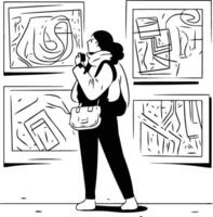 femme à la recherche à peintures dans art Galerie dans dessin animé style vecteur