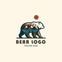 une Facile et stylisé logo avec le silhouette de une ours tête , forêt, colline, et l'eau minimaliste logo vecteur