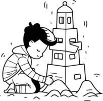 peu garçon en jouant avec le sable et bâtiment une la tour. vecteur