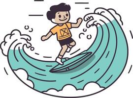 illustration de une garçon équitation une vague sur une planche de surf. vecteur