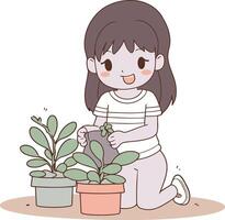 illustration de une mignonne fille posant avec une plante dans une pot vecteur