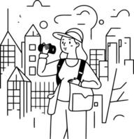 illustration de une fille avec une caméra sur le Contexte de le ville. vecteur