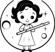 mignonne dessin animé fille avec la magie baguette magique. noir et blanc illustration. vecteur