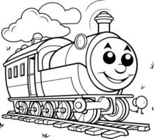 noir et blanc dessin animé illustration de marrant vapeur train personnage pour coloration livre vecteur