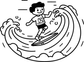 illustration de une garçon équitation une vague sur une planche de surf. vecteur